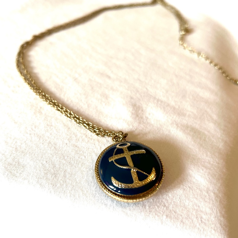 Navy blue enamel and gold anchor pendant necklace